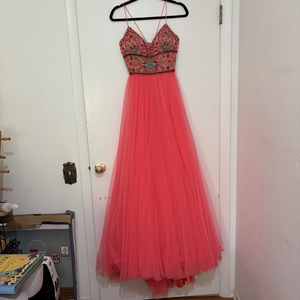 Sherri Hill 50474 A Line Maxi Formal Dress Red Pink Tulle 2 Beaded Homecoming - Picture 4 of 12